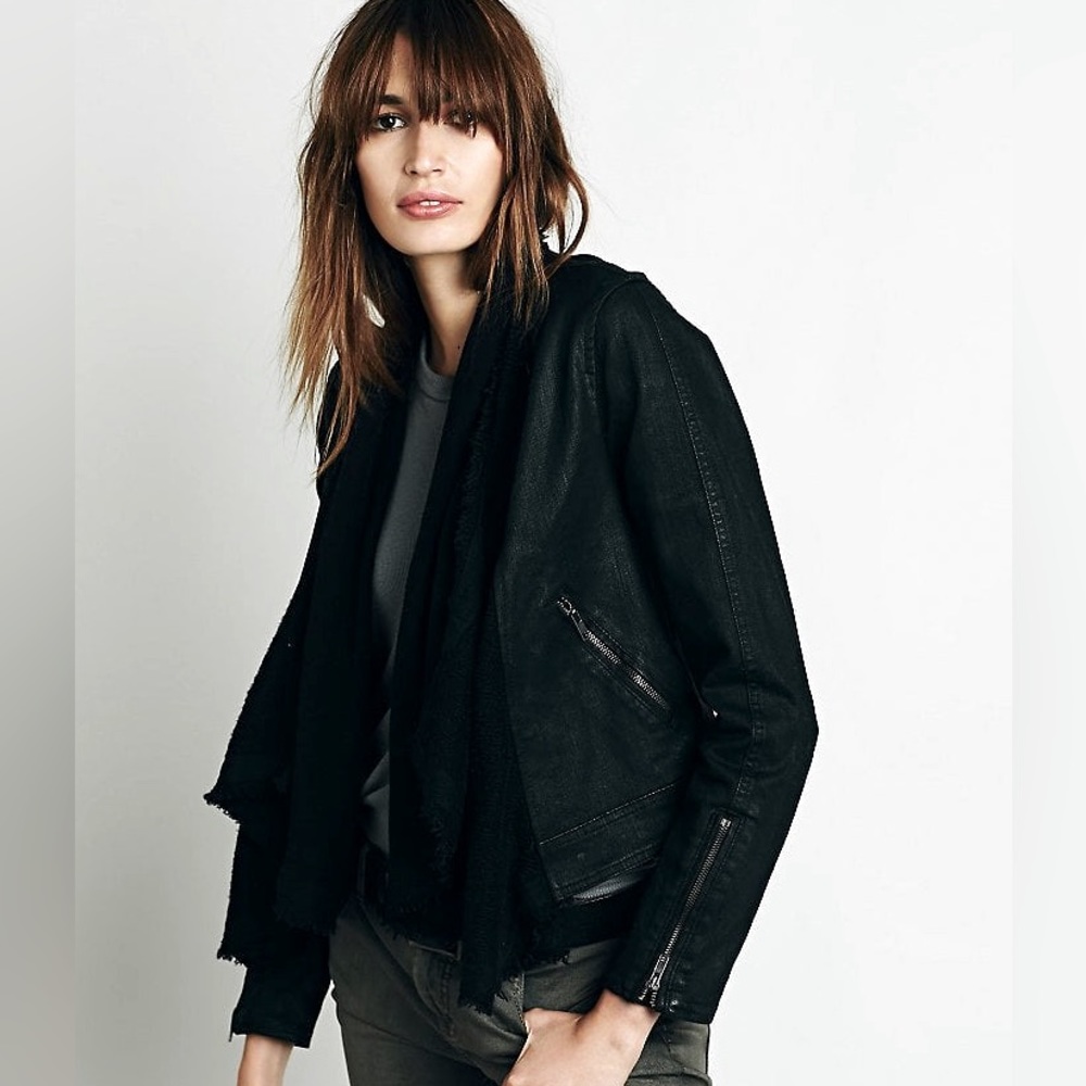 *RARE* Free People Shawl Collar Moto Jacket Black Denim Size 0
